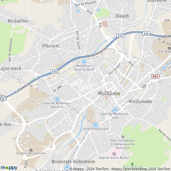 La carte pour la ville de Mulhouse 68100-68200